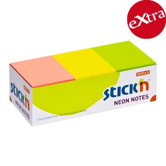 Obrázek Bloček samolepicí STICK'N 38 x 51 mm - neonový mix / 12 x 100 ks