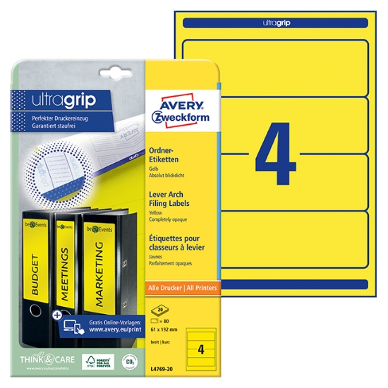 Obrázek Etikety Avery-Zweckform - Na pořadače 61 x 192 mm - žlutá / 20 archů