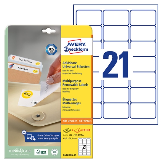 Obrázek Etikety Avery-Zweckform - Odnímatelné 63,5 x 38,1 mm A4 - bílá / 25+5 archů 