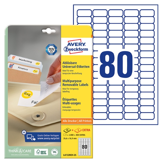 Obrázek Etikety Avery-Zweckform - Odnímatelné 35,6 x 16,9 mmA4 -  bílá / 25+5 archů 