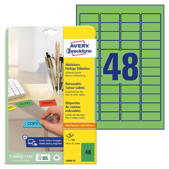 Obrázek Etikety Avery-Zweckform - Odnímatelné 45,7 x 21,2 mm/zelená 20xA4