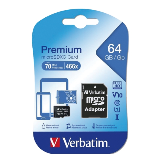 Obrázek SDXC micro paměťová karta PREMIUM UHS-I (U1), V10, Class 10 + adapter Verbatim - 64 GB