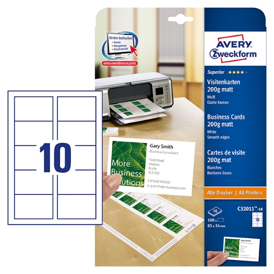 Obrázek Etikety Avery-Zweckform - Vizitky 85 x 54 mm/ mat. bílá/200g/jednostranný tisk/10 archů