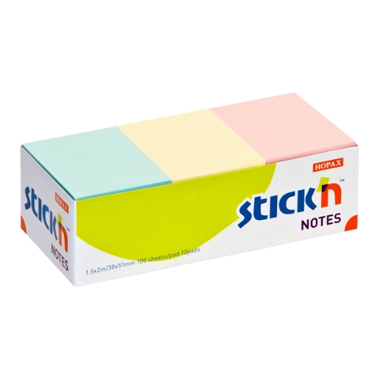 Obrázek Bloček samolepicí STICK'N 38 x 51 mm - pastelový mix / 12 x 100 ks