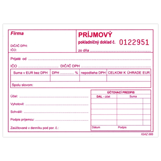 Obrázek Príjmový pokladničný doklad IGAZ A6 s DPH číslovaný samoprepis  100 listov