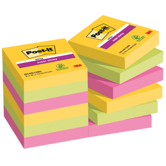 Obrázek Bloček samolepicí Post-it Super Sticky 47,6 x 47,6 mm - barvy CARNIVAL / 12 x 90 l