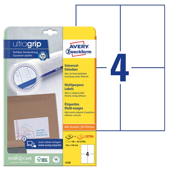 Obrázek Etikety Avery-Zweckform univerzální 105 x 148 mm A4 - bílá / 25+5 archů