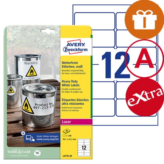 Obrázek Etikety Avery-Zweckform - Velmi odolné 99,1 x 42,3 mm - bílá / 20xA4