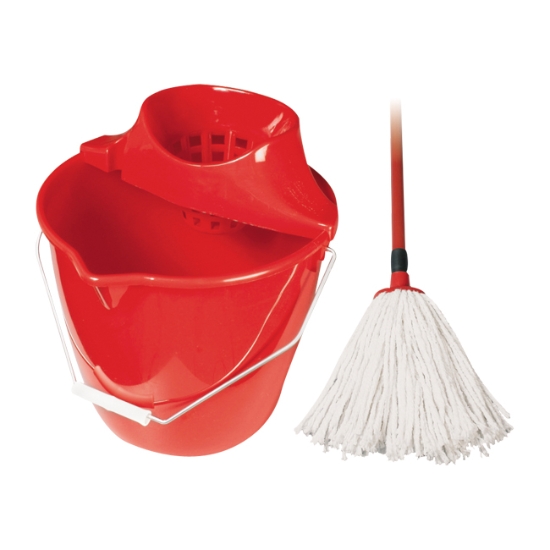 Obrázek Mop s příslušenstvím, bavlněný 160g, provázky, kbelík, hůl - červená