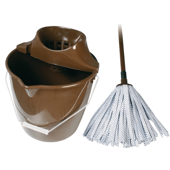 Obrázek Souprava úklidová, hnědá, páskový mop, hůl, kbelík, ždímač