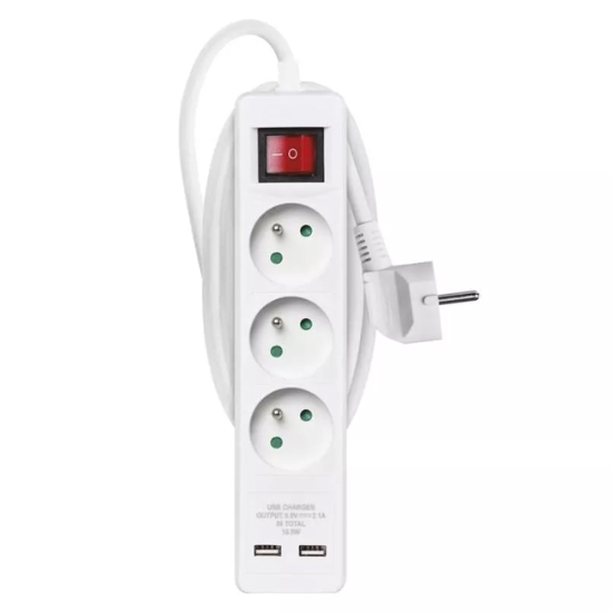 Obrázek Prodlužovací kabel s vypínačem 2 m, 3 zásuvky -  bílý s USB -1,5 mm2