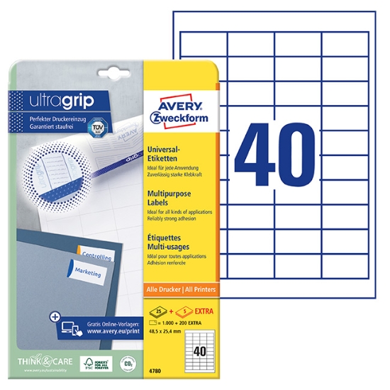 Obrázek Etikety Avery-Zweckform univerzální 48,5 x 25,4 mm  A4 - bílá / 25+5 archů