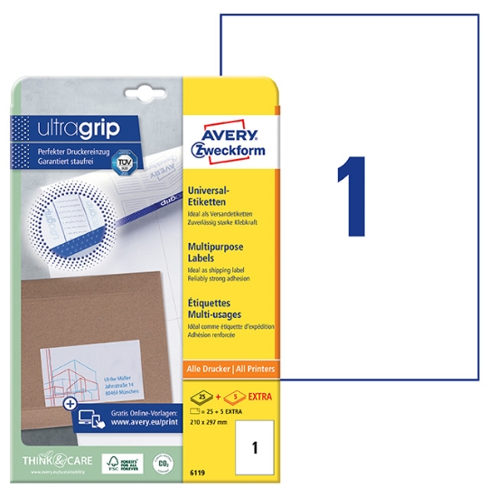 Obrázek Etikety Avery-Zweckform univerzální 210 x 297 mm A4 - bílá / 25+5 archů 