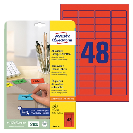 Obrázek Etikety Avery-Zweckform - Odnímatelné 45,7 x 21,2 mm/červená 20xA4