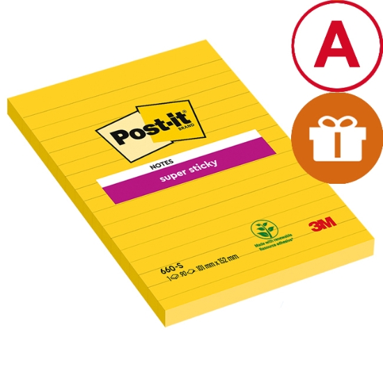 Obrázek Bloček samolepicí Post-It Super Sticky 102x152mm 90l - linka, žlutý (660S)