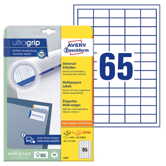 Obrázek Etikety Avery-Zweckform univerzální 38 x 21,2 mm - bílá A4 / 25+5 archů 