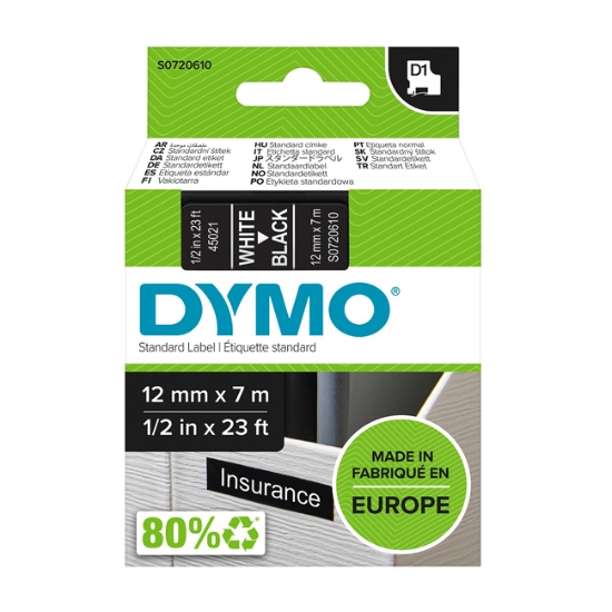 Obrázek Dymo páska D1 12mm x 7m - bílý text / černá páska