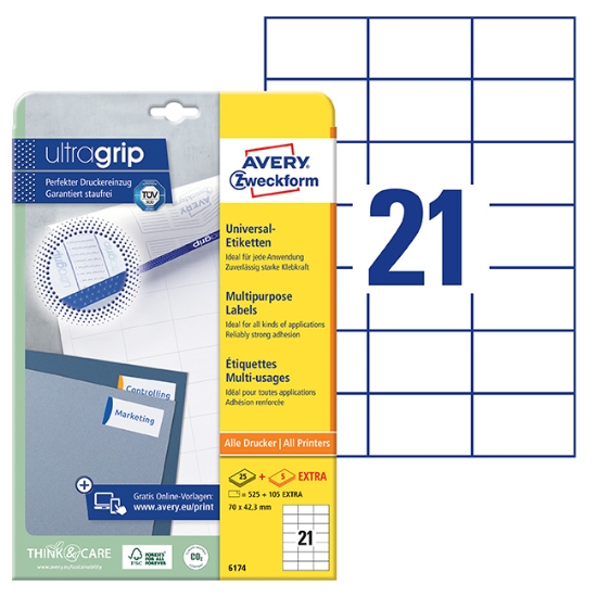 Obrázek Etikety Avery-Zweckform univerzální 70 x 42,3 mm - bílá A4 / 25+5 archů 