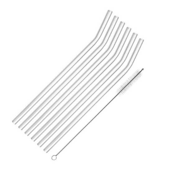 Obrázek Slámky zahnuté, skleněné GLAS KNICK 200 mm s čisticím kartáčkem / 6 ks