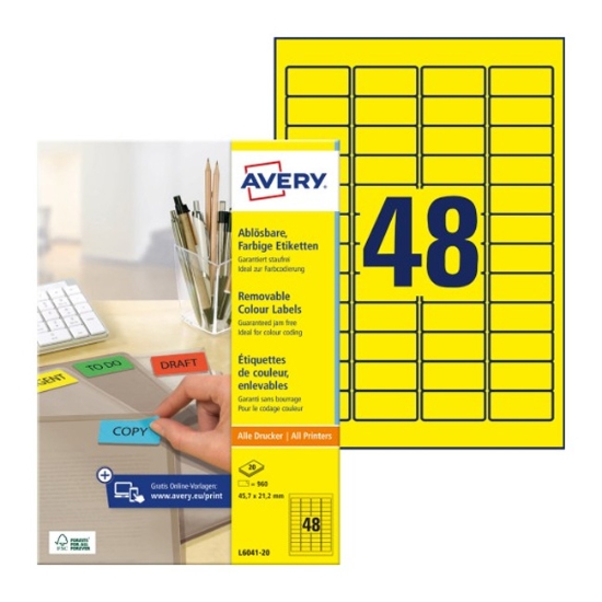 Obrázek Etikety Avery-Zweckform - Odnímatelné 45,7 x 21,2 mm/žlutá 20xA4
