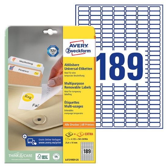 Obrázek Etikety Avery-Zweckform - Odnímatelné 25,4 x 10 mm - bílá  A4 / 25+5 archů