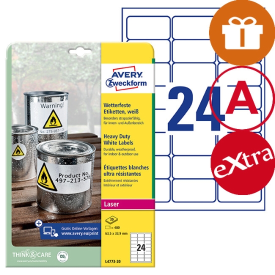 Obrázek Etikety Avery-Zweckform - Velmi odolné 63,5 x 33,9 mm - bílá / 20xA4