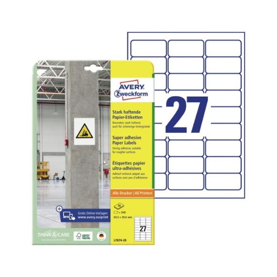 Obrázek Etiketa papírová s vysokou lepivostí 63,5 x 29,6 mm/20xA4 - bílá