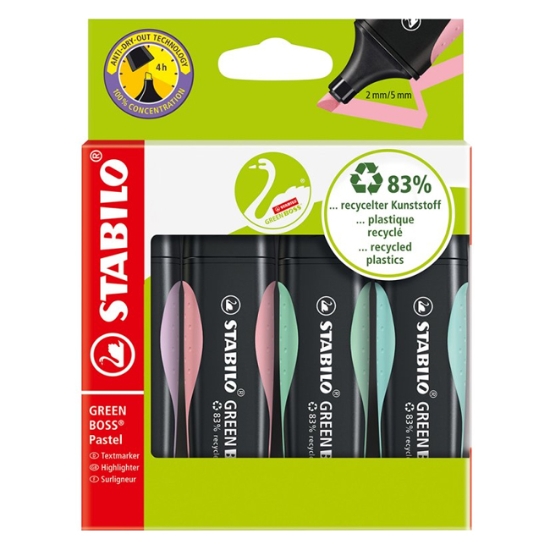 Obrázek Zvýrazňovač STABILO GREEN BOSS Pastel  / 4 ks pouzdro  