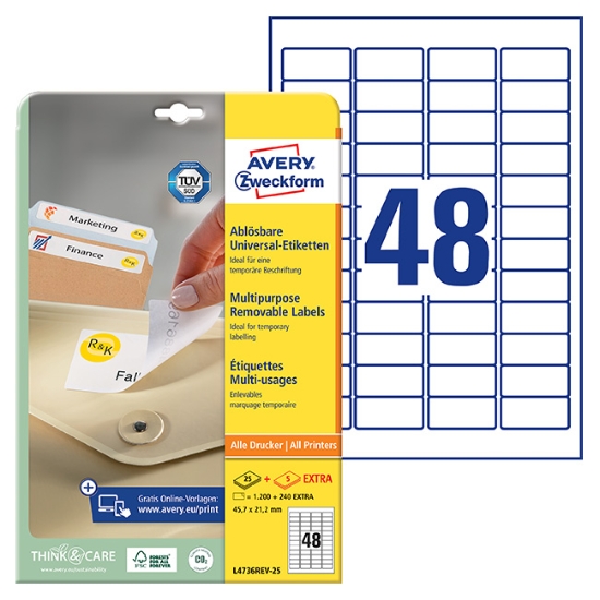 Obrázek Etikety Avery-Zweckform - Odnímatelné 45,7 x 21,2 mm - bílá A4 / 25+5 archů 