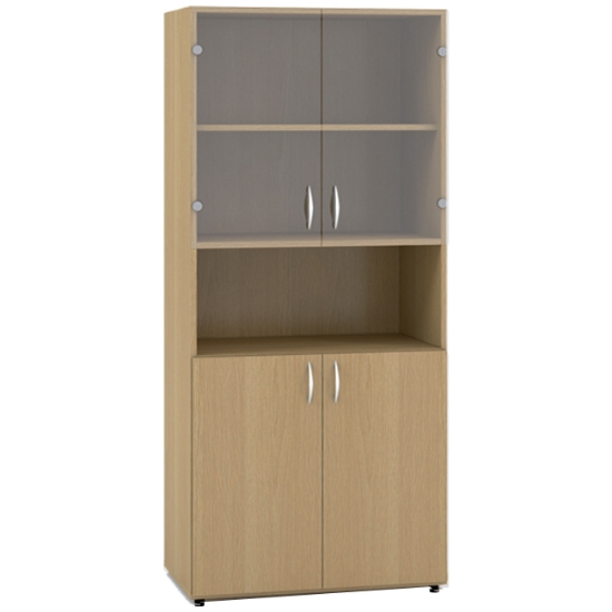 Obrázek ALFA 500 skříň 2M / 1M / 2M policová čtyřdveřová LTD/sklo s nikou - buk