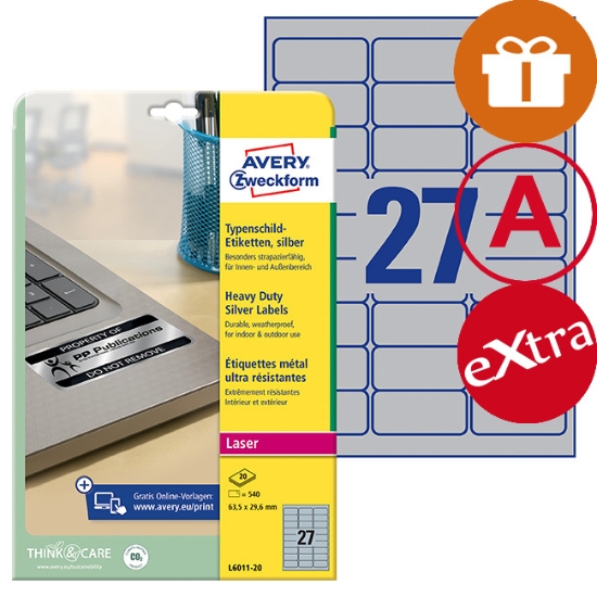Obrázek Etikety Avery-Zweckform - velmi odolné 63,5 x 29,6 mm - stříbrná / 20xA4