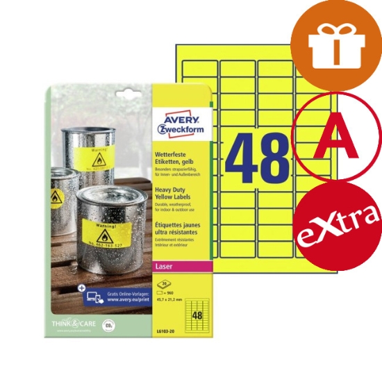 Obrázek Etikety Avery-Zweckform - Velmi odolné 45,7 x 21,2 mm - žlutá / 20xA4