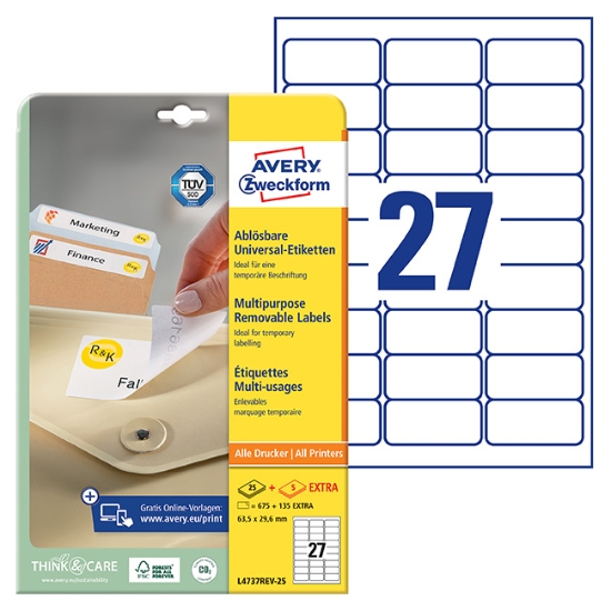 Obrázek Etikety Avery-Zweckform - Odnímatelné 63,5 x 29,6 mm - bílá A4 / 25+5 archů 