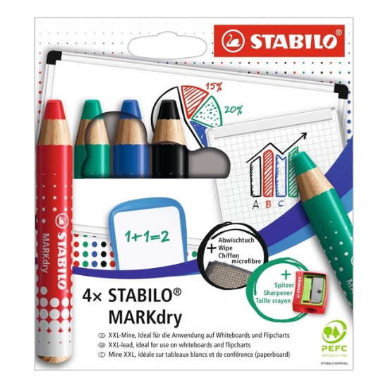 Obrázek Popisovač STABILO MARKdry / sada 4 ks + ořezávátko a utěrka