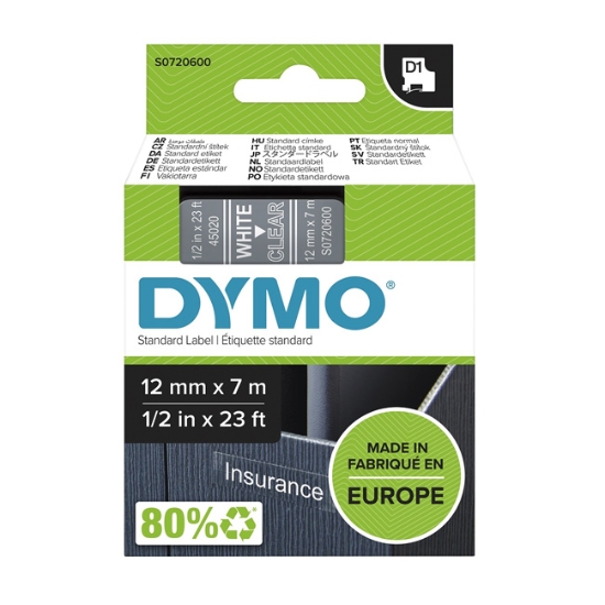 Obrázek Dymo páska D1 12mm x 7m - bílá/průhledná