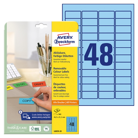 Obrázek Etikety Avery-Zweckform - Odnímatelné 45,7 x 21,2 mm/modrá 20xA4