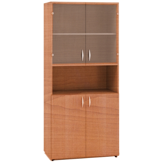 Obrázek ALFA 500 skříň 2M / 1M / 2M policová čtyřdveřová LTD/sklo s nikou - třešeň