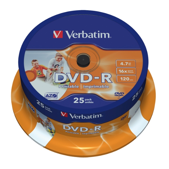 Obrázek VERBATIM DVD-R, DataLife PLUS, 4.7 GB, Wide Printable, cake box, 43538, 16x / 25 ks