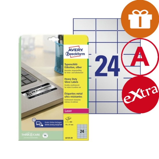 Obrázek Etikety Avery-Zweckform - velmi odolné 70x 30 mm - stříbrná/ 20xA4