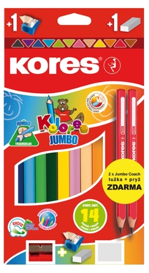 Obrázek Pastelky trojhranné KORES Jumbo / 12 ks+ 2x Jumbo tužka + pryž