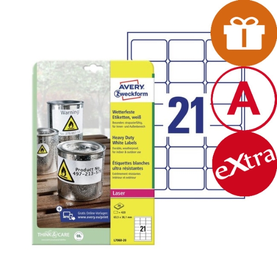 Obrázek Etikety Avery-Zweckfom - Velmi odolné 63,5 x 38,1 mm - bílá / 20xA4